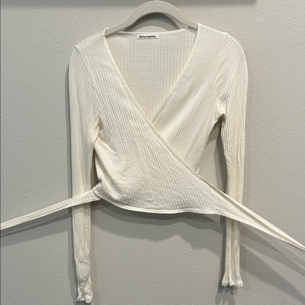 Reformation Ivory Ribbed Wrap Blouse